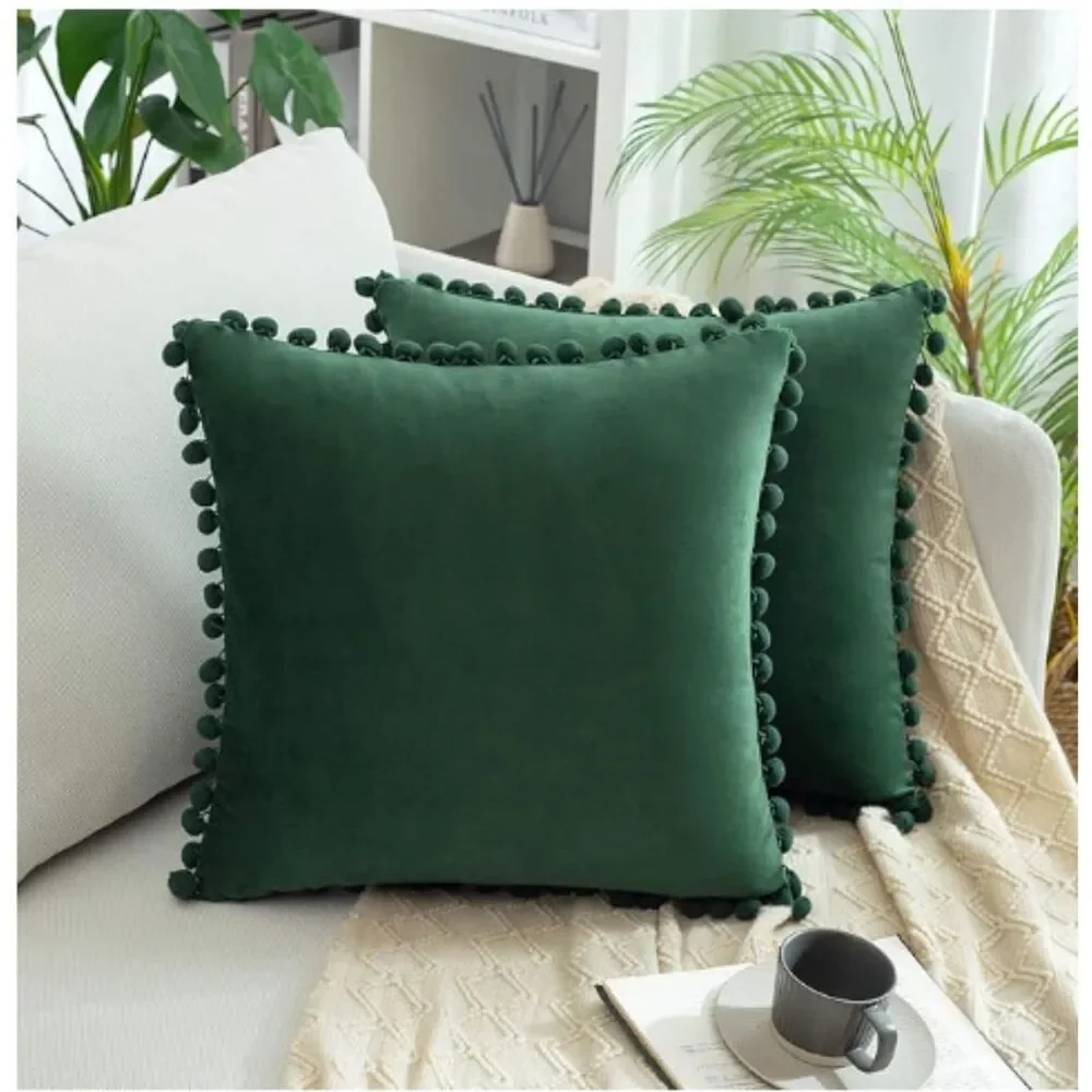 Boho Red/Green  Velvet Soft Decorative Throw Pillow Covers w/Tassels Fringe Set